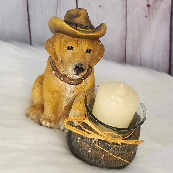 Western Cowboy Hat Yellow Labrador Retriever Dog Puppy Resin Candle Holder 6"x6" - Picture 3 of 16